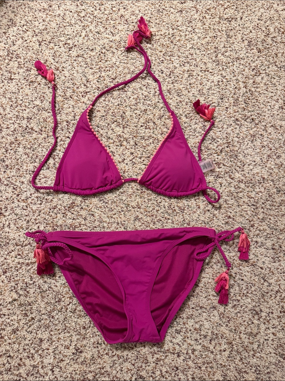Magenta Tassel Triangle Bikini Set